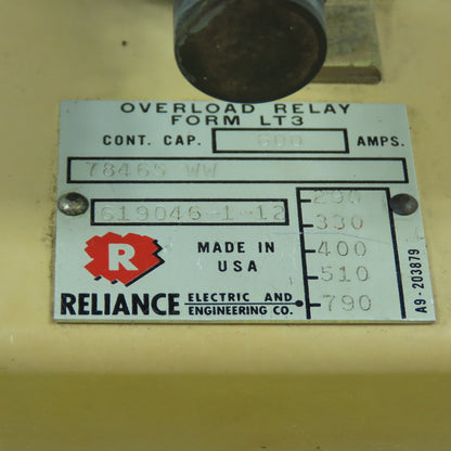 Reliance 78465 WW Form LT3 Overload Relay 600A Cont Cap
