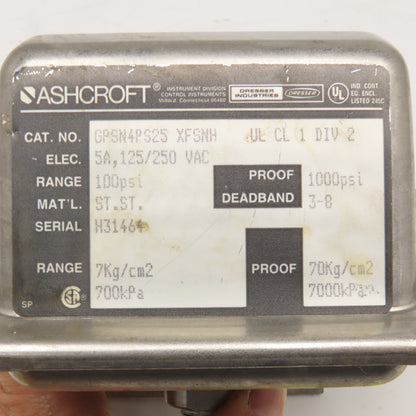 Ashcroft GPSN4PS25 125/250V 100PSI Range Pressure Gauge