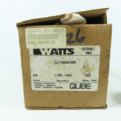 Watts L105-03D Compressed Air Pneumatic Lubricator 3/8" NPT 300PSI 120°F NEW