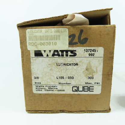 Watts L105-03D Compressed Air Pneumatic Lubricator 3/8" NPT 300PSI 120°F NEW