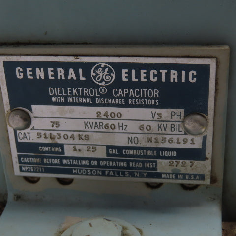General Electric 51L304KS 2400V 3PH Dielektrol Capacitor 75KVAR 1.25 Gallon