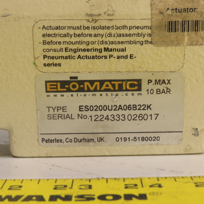 El-O-Matic ES0200U2A06B22K Pneumatic Valve Actuator 10 Bar Max