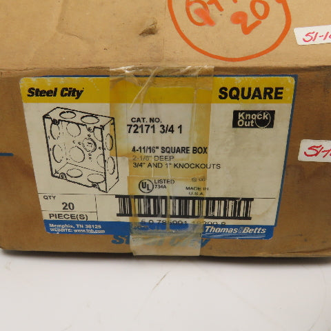Steel City 72171-3/4-1 4-11/16" Square Metallic Outlet Box 9 KO NEW Lot Of 20