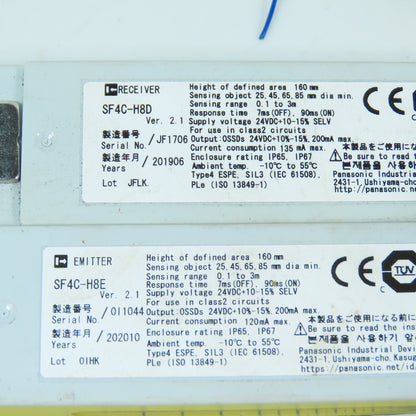 Panasonic SF4C-H8D SF4C-H8E Safety Light Curtain Receiver & Emitter Set Of 2