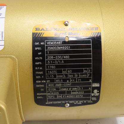 Baldor VEM3546T Super-E 1HP Electric Motor 3Ph 230/460V 143TC Frame