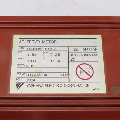 Yaskawa USASEM-18YR23 1.54KW AC Servo Motor 7.35Nm 2000RPM 11.4A W/ Encoder