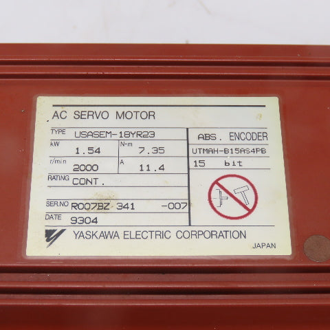 Yaskawa USASEM-18YR23 1.54KW AC Servo Motor 7.35Nm 2000RPM 11.4A W/ Encoder