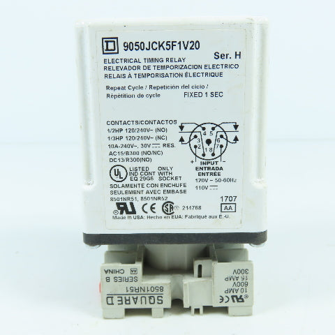 Square D 9050JCK5F1V20 Electrical Timing Relay 120V 10A W/ Base