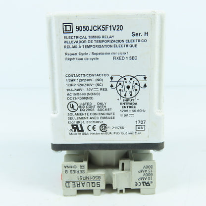 Square D 9050JCK5F1V20 Electrical Timing Relay 120V 10A W/ Base