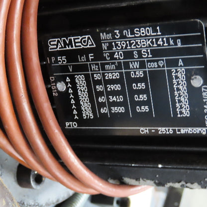 Sameca .55kW 200-575V 50/60Hz Coolant Pump 100 Liter 26 Gal Tested