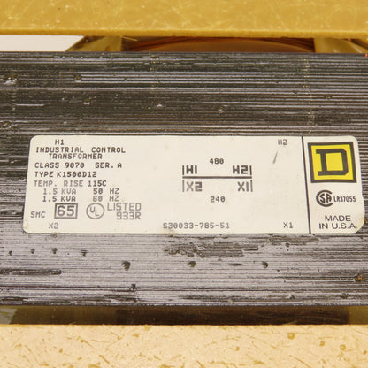 Square D K1500D12 Class 9070 Ser A 1.5kVA Transformer Pri 480V Sec 240V Tested