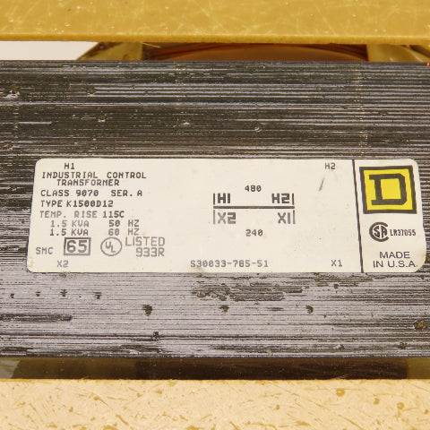 Square D K1500D12 Class 9070 Ser A 1.5kVA Transformer Pri 480V Sec 240V Tested