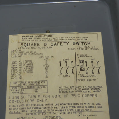 Square D HU36IAWK 30A Non Fusible Safety Disconnect Switch 3Ph 600VAC