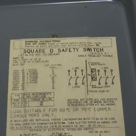 Square D HU36IAWK 30A Non Fusible Safety Disconnect Switch 3Ph 600VAC
