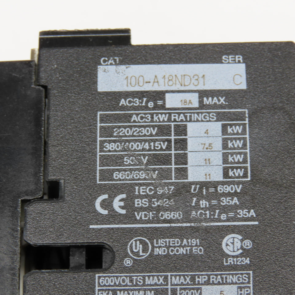 Allen Bradley 100-A18ND31 690V 18A Max Contactor Starter 120/110V Coil