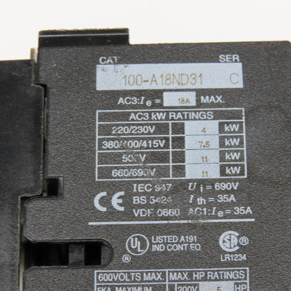 Allen Bradley 100-A18ND31 690V 18A Max Contactor Starter 120/110V Coil