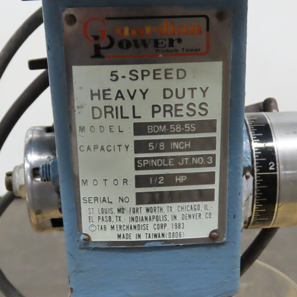 Guardian BDM-58-5S 1/2HP Bench Top Drill Press 115/230V 1PH 5-Speed Tested