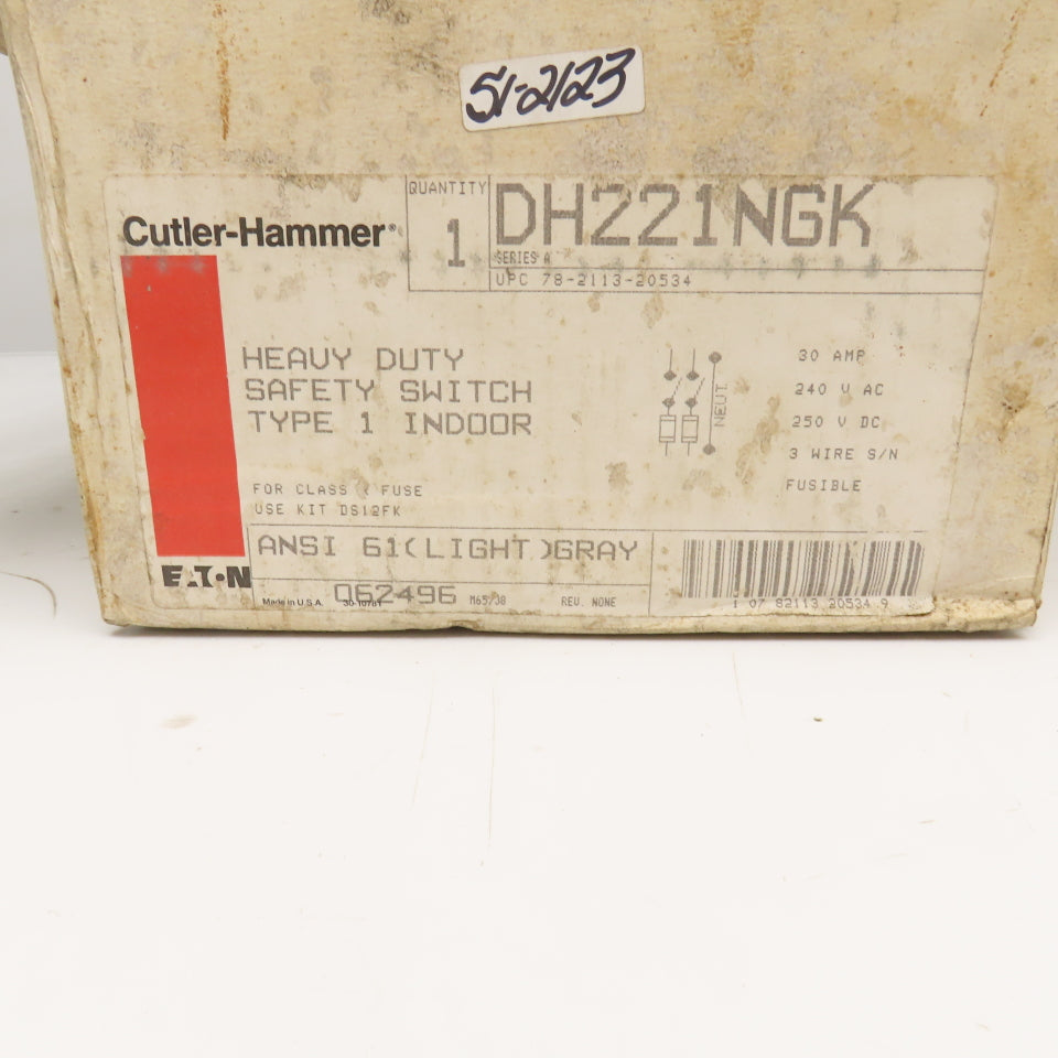 Cutler Hammer DH221NGK 30A 240V 7.5Hp Max 2 Pole Fused Safety Disconnect Switch