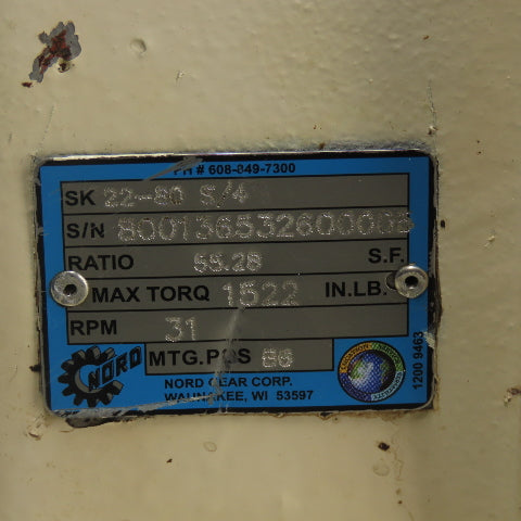 Nord SK22-80 S/4 55.28:1 Ratio Gear Motor 31RPM 230/460V 3Ph