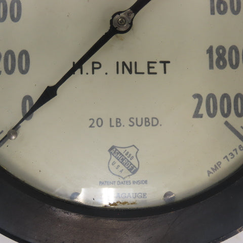 Ashcroft Duragauge 0-2000 HP Inlet Gauge 10-1/4" OD 1/2" NPT