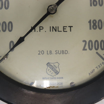 Ashcroft Duragauge 0-2000 HP Inlet Gauge 10-1/4" OD 1/2" NPT