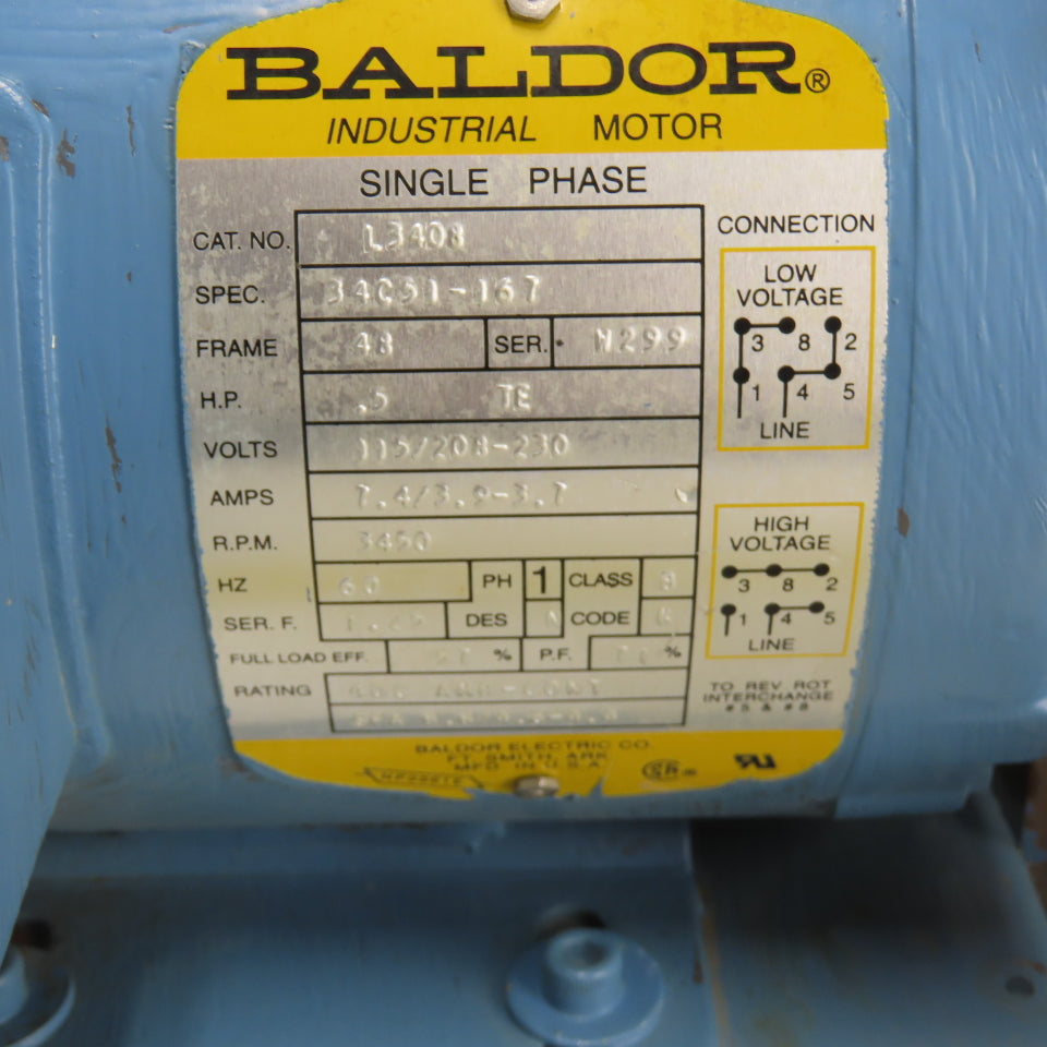 Baldor L3408 1/2HP Electric Bench Top Grinder 115/208-230V 1Ph 3450RPM