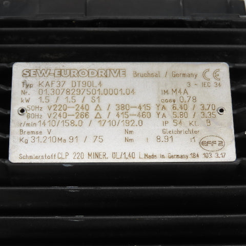 SEW KAF37 DT90L4 8.9 Ratio Left Hand Gear Motor 240/460V 3PH 192RPM 1.5kW