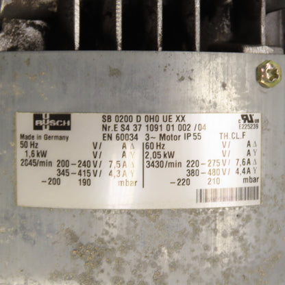 Busch SB0200D0H0UEXX 2.05kW Vacuum Regenerative Blower 220/480V 3PH 3430RPM