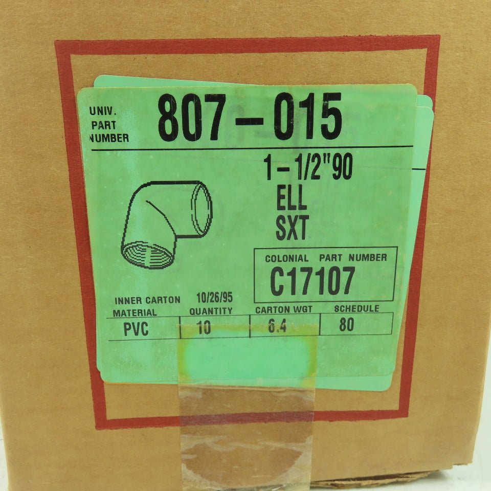 Colonial 807-015 1-1/2" 90° Elbow PVC Fitting ELL SXT C17107 Lot Of 10