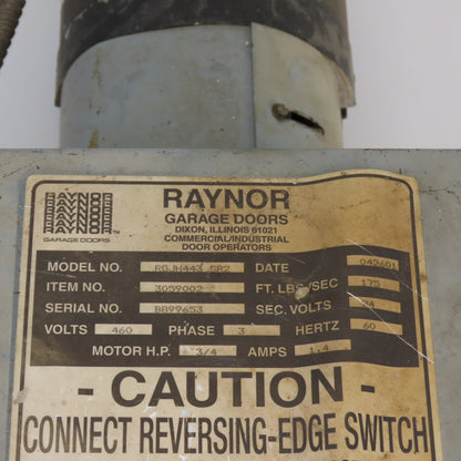 Raynor RGJH443 SR2 Garage Overhead Door Opener 460V 3PH 175 Ft.Lbs Sec Tested