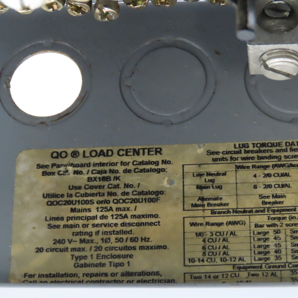 Square D BX18B/K Type QO 125A 20 Circuit Load Center Box 1PH 3 Breakers 240V Max