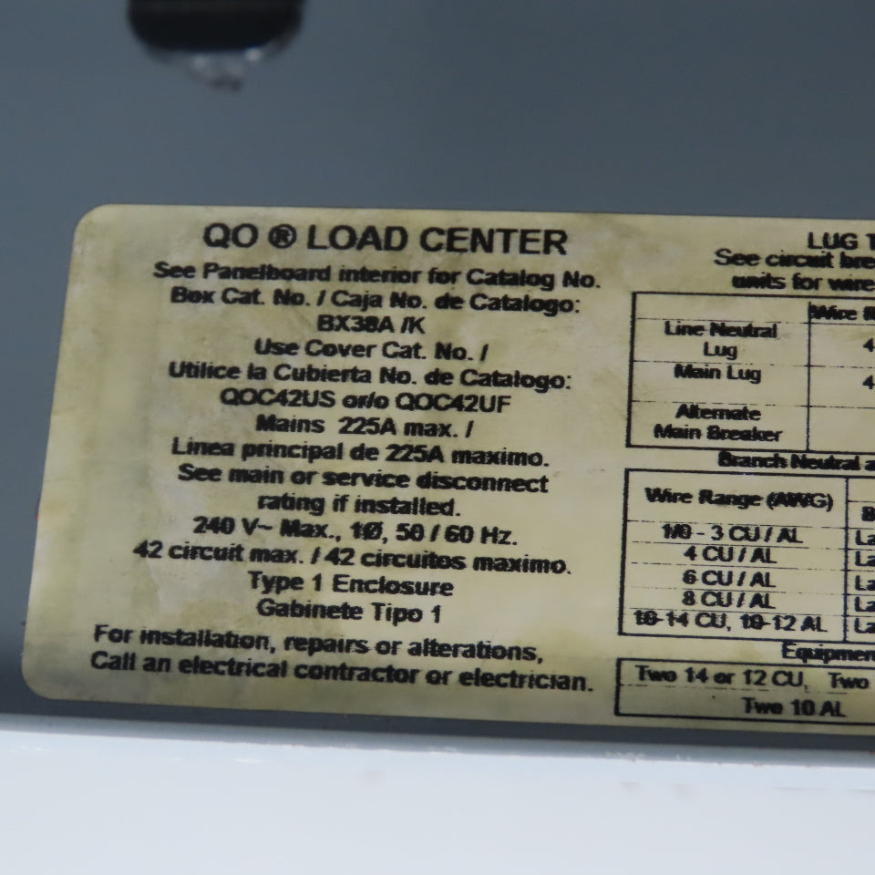 Square D BX38A Type QO 225A 42 Circuit Load Center Box 1PH 9 Breakers 240V Max
