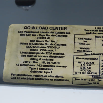 Square D BX38A Type QO 225A 42 Circuit Load Center Box 1PH 9 Breakers 240V Max
