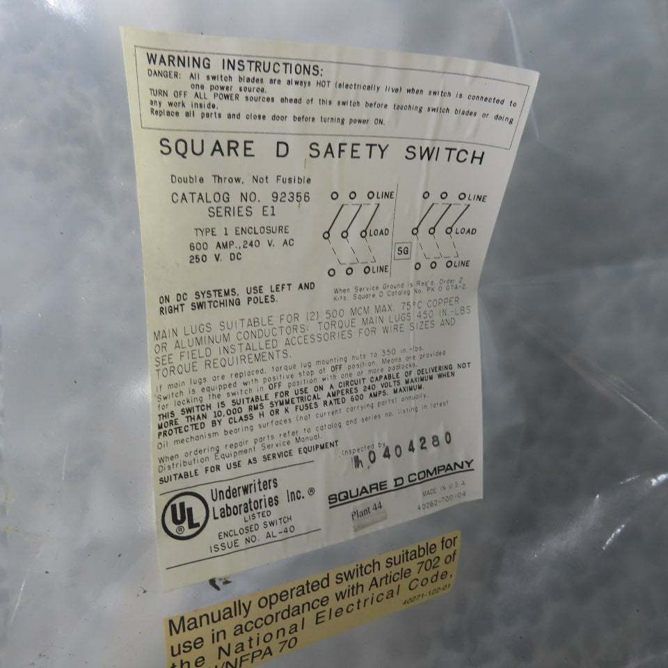 Square D 92356 600A Non-Fusible Double Throw Safety Disconnect Switch 240VAC
