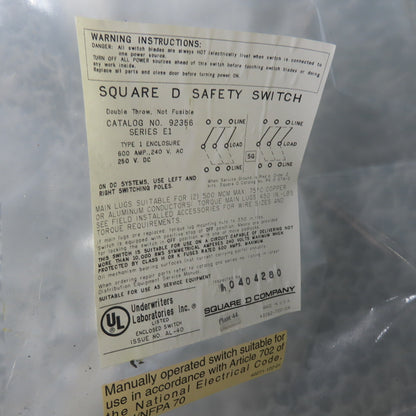 Square D 92356 600A Non-Fusible Double Throw Safety Disconnect Switch 240VAC