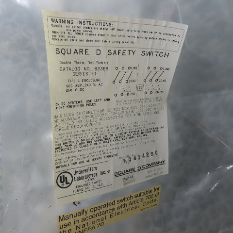 Square D 92356 600A Non-Fusible Double Throw Safety Disconnect Switch 240VAC