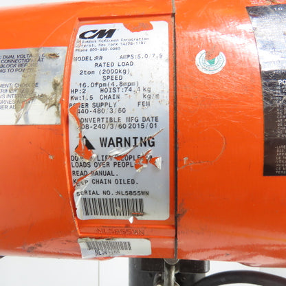 CM Lodestar Model RR 2 Ton 4000LB Electric Chain Hoist 15' Lift 16FPM 208-480V