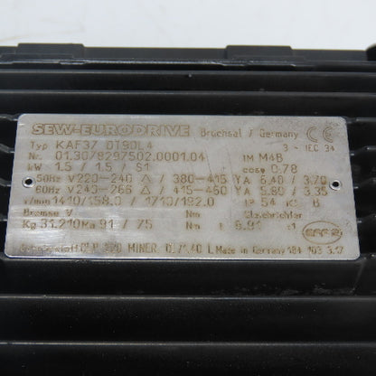 SEW-Eurodrive KAF37 DT90L4 8.91 Ratio Right Gear Motor 240/460V 3PH 192RPM 1.5kW