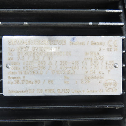 SEW-Eurodrive KF37 DV100M4/TF 5.36 Ratio Gear Motor 240/460V 3PH 319RPM 2.2kW