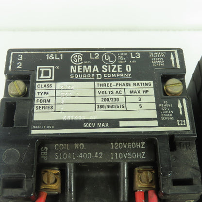 Square D 8736 5HP Nema Size 0 Motor Starter 600V 3Ph 110V Coil