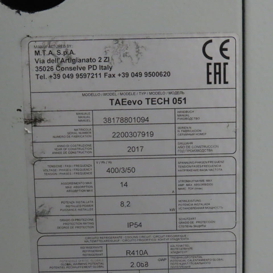 MTA TAEevo TECH 051 Industrial Process Water Chiller 4.5 Ton Parts/Repair