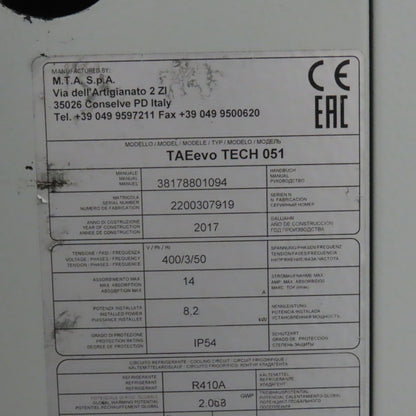 MTA TAEevo TECH 051 Industrial Process Water Chiller 4.5 Ton Parts/Repair
