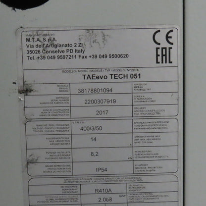MTA TAEevo TECH 051 Industrial Process Water Chiller 4.5 Ton Parts/Repair