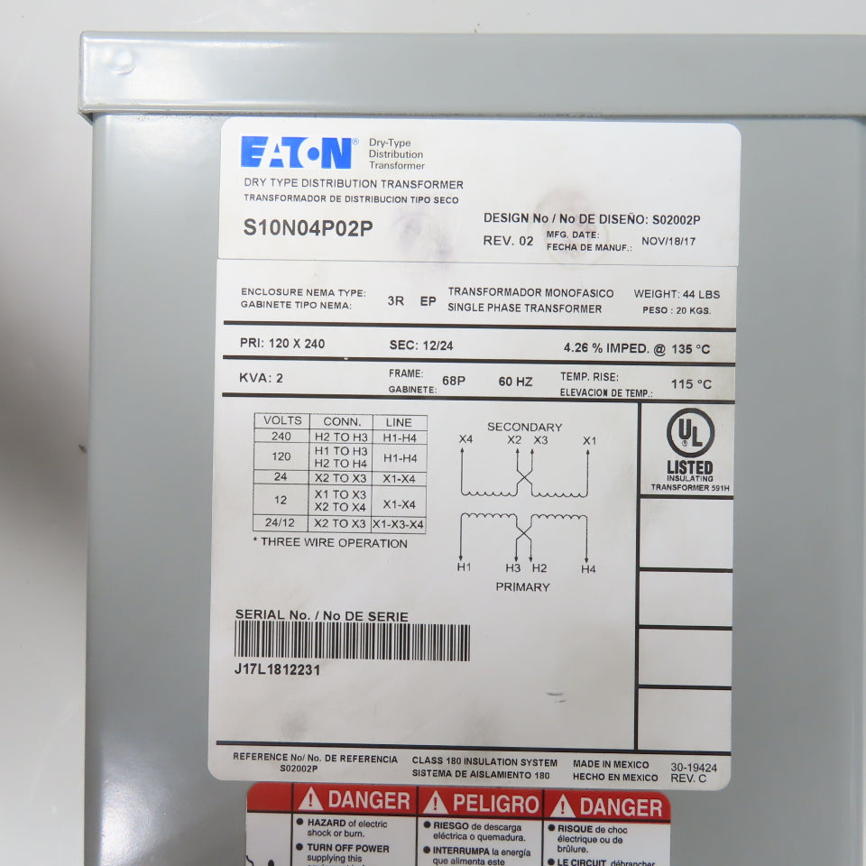 Eaton S10N04P02P 2.0kVA Dry Type Distribution Transformer Pri 120/240 Sec 12/24V