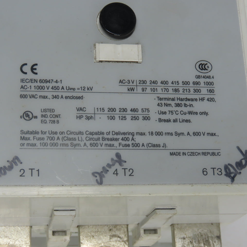 Allen Bradley 100-D300 EI 3-Pole Contactor 600VAC 340A 300HP 3Ph 110-130V Coil
