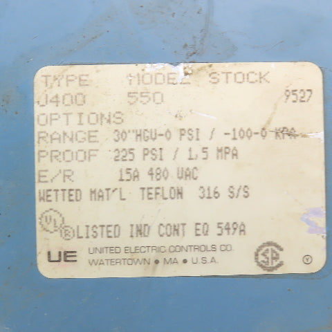 United Electric Type J400 Model 550 Pressure Switch 480VAC 15A 30" HGV-0PSI