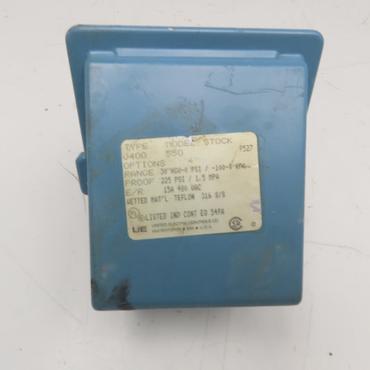 United Electric Type J400 Model 550 Pressure Switch 480VAC 15A 30" HGV-0PSI