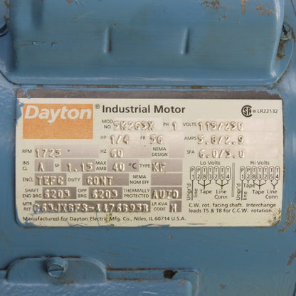 Dayton 5K263X 1/4HP AC Electric Motor 1725RPM 115/230V 1PH 56 Frame