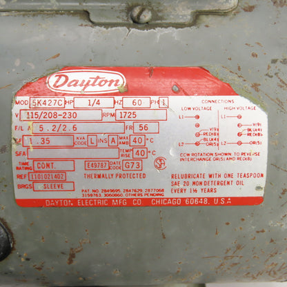 Dayton 5K427C 1/4HP AC Electric Motor 1725RPM 115/208-230V 1PH 56 Frame