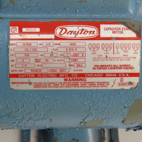 Dayton 5K286K 3/4HP AC Electric Motor 3450RPM 115/230V 1PH F56 Frame Tested